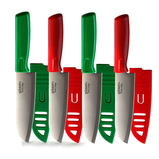 Gibson Everyday Grantville 4 Piece 6 Inch Santoku Knife with Sheath in Red and Green W2B