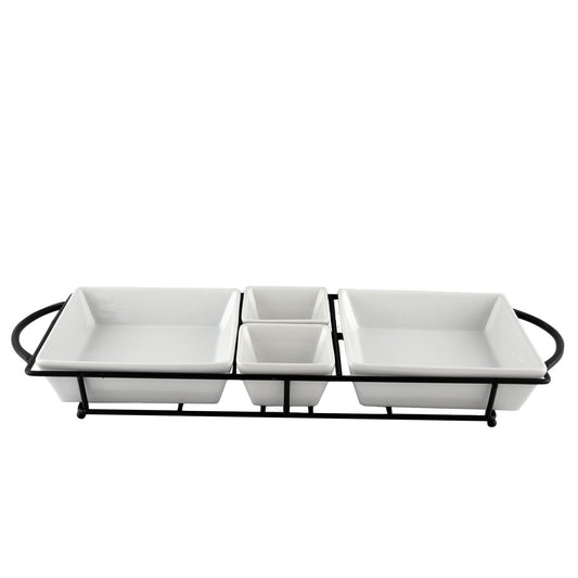 Gibson Gracious Dining 5 Piece Serving Set With Metal Rack in White Porcelain W2B