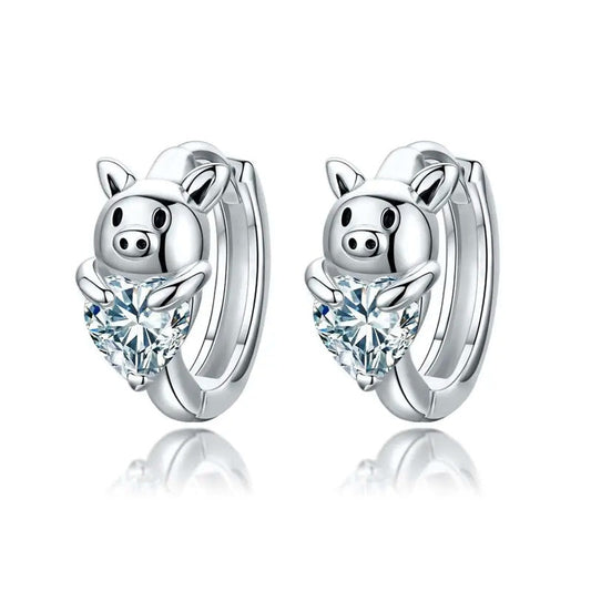 Hypoallergenic Cubic Zirconia Pig Small Cute Heart Huggie Hoop Earrings LadyShow.Store