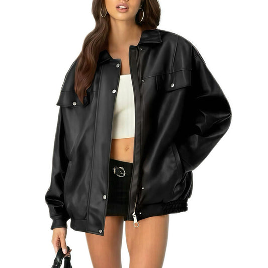 Women's Leather Jacket Loose Long Sleeve Lapel Motorcycle Jacket LadyShow.Store