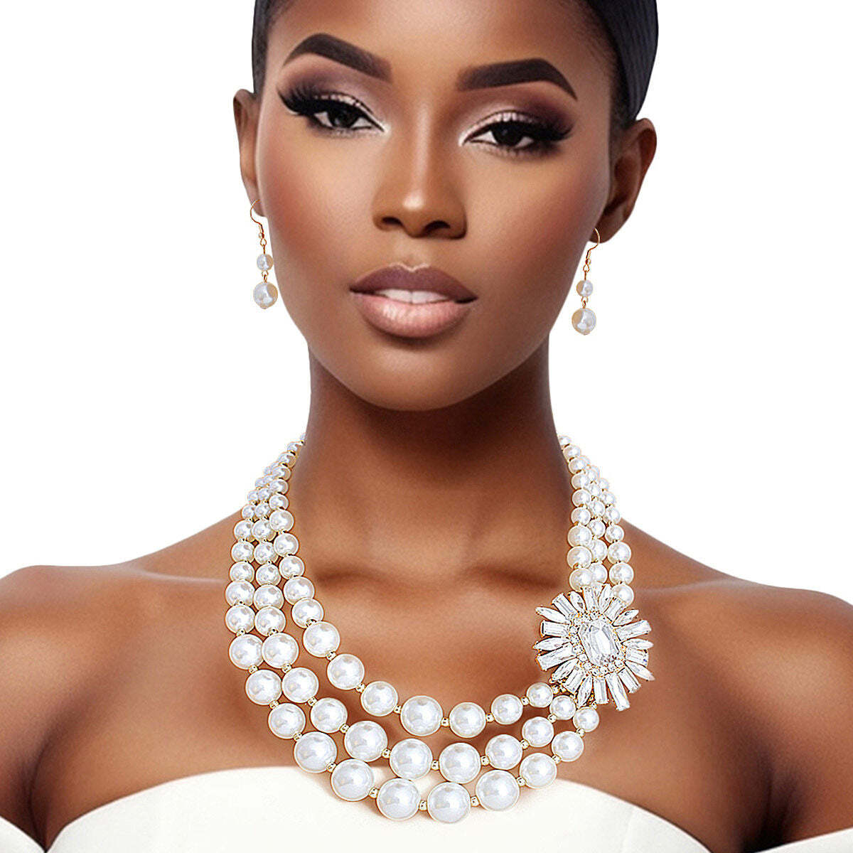 Pearl Necklace Cream Vintage Stone Set for Women W2B