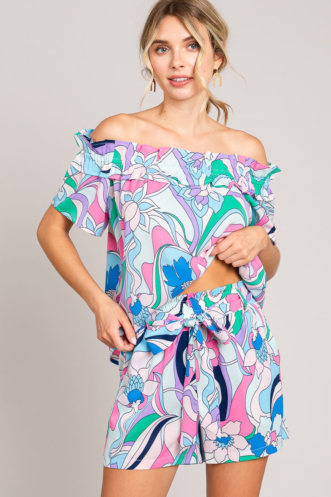 Cotton Bleu by Nu Label Abstracted Print Tie Front Shorts LuxuryLifeWay Online Store