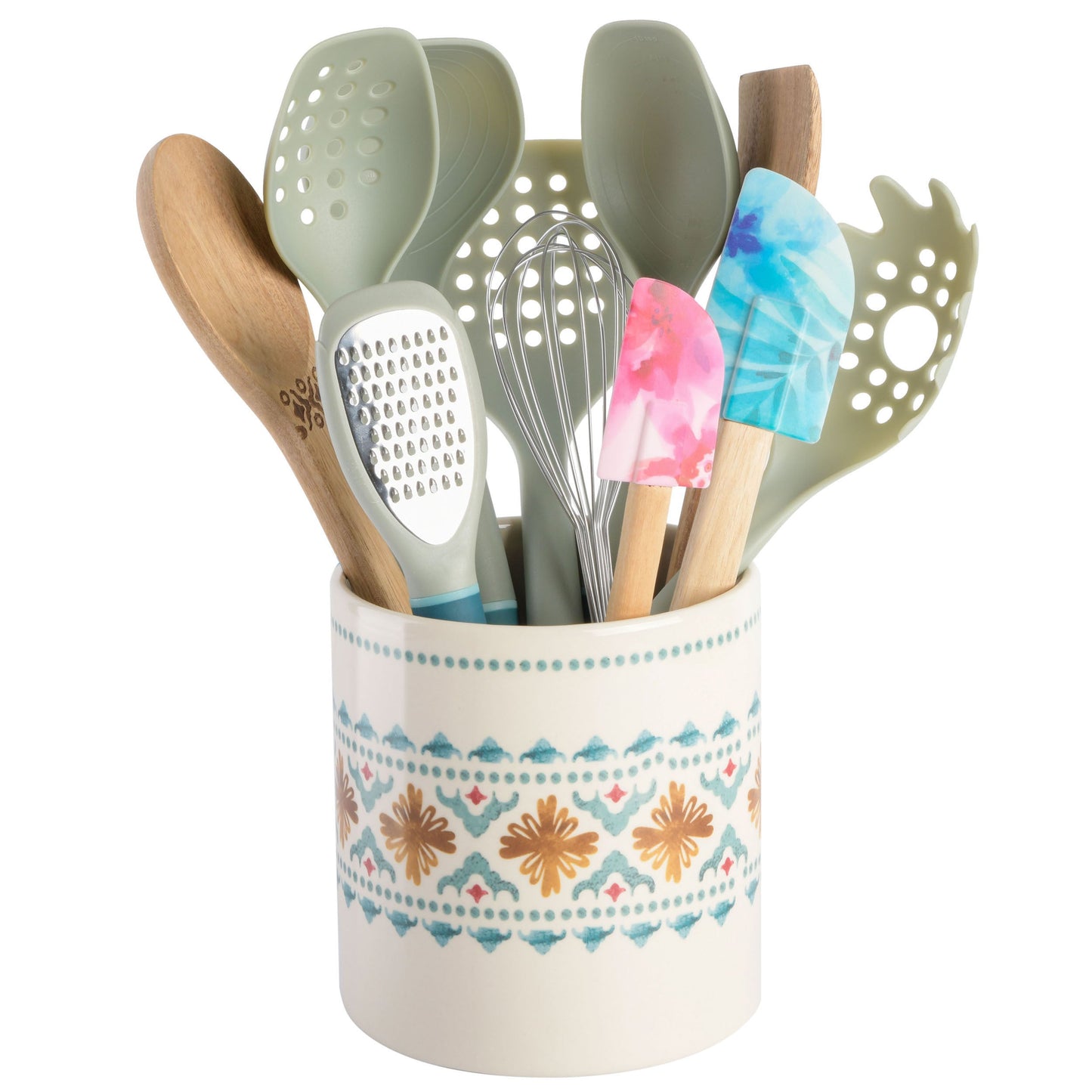 Spice by Tia Mowry Savory Saffron 12 Piece Wood and Nylon Kitchen Tool Set with Ceramic Crock W2B