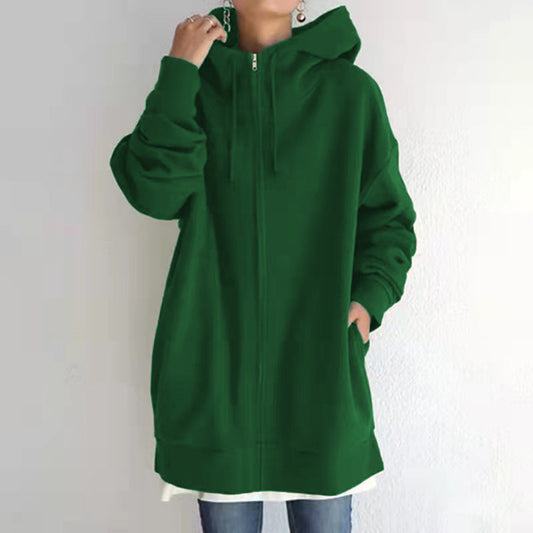 Zipper Hooded Long Plus Fleece Sweatshirt LadyShow.Store
