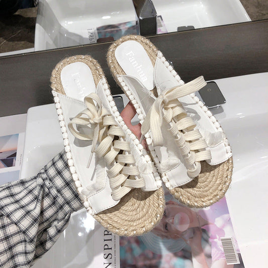 Sequin Lace-Up Flat Sandals with Straw Fisherman Sole Best YouTube Store