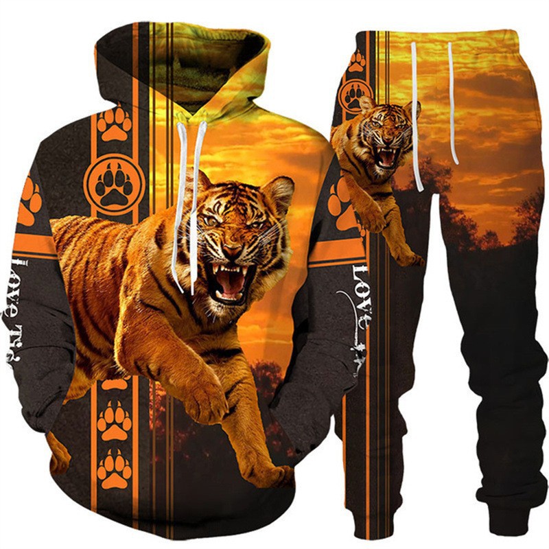 Tiger 3D Print Hooded Men's Sweatshirt Set