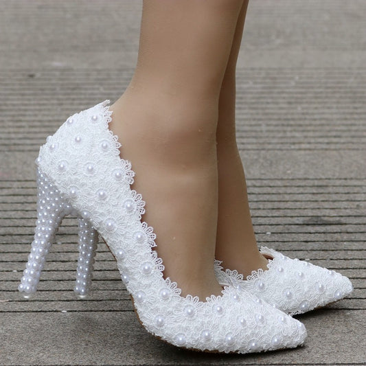 Pearl Lace Large Size Wedding Shoes Stiletto Single Shoes Women LadyShow.Store