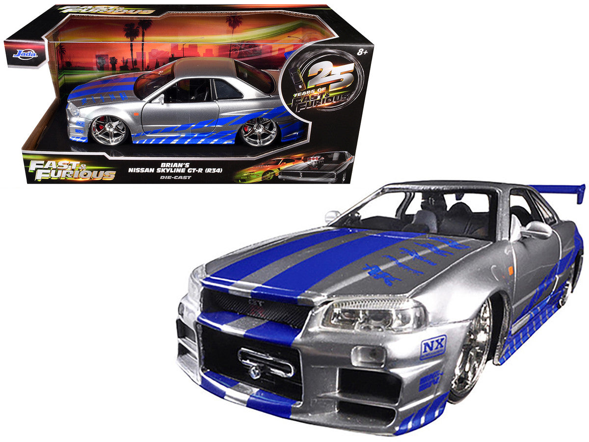 Brian's Nissan GTR Skyline R34 RHD (Right Hand Drive) Silver with Blue Stripes "Fast & Furious 25th Anniversary" 1/24 Diecast Model Car by Jada Jada