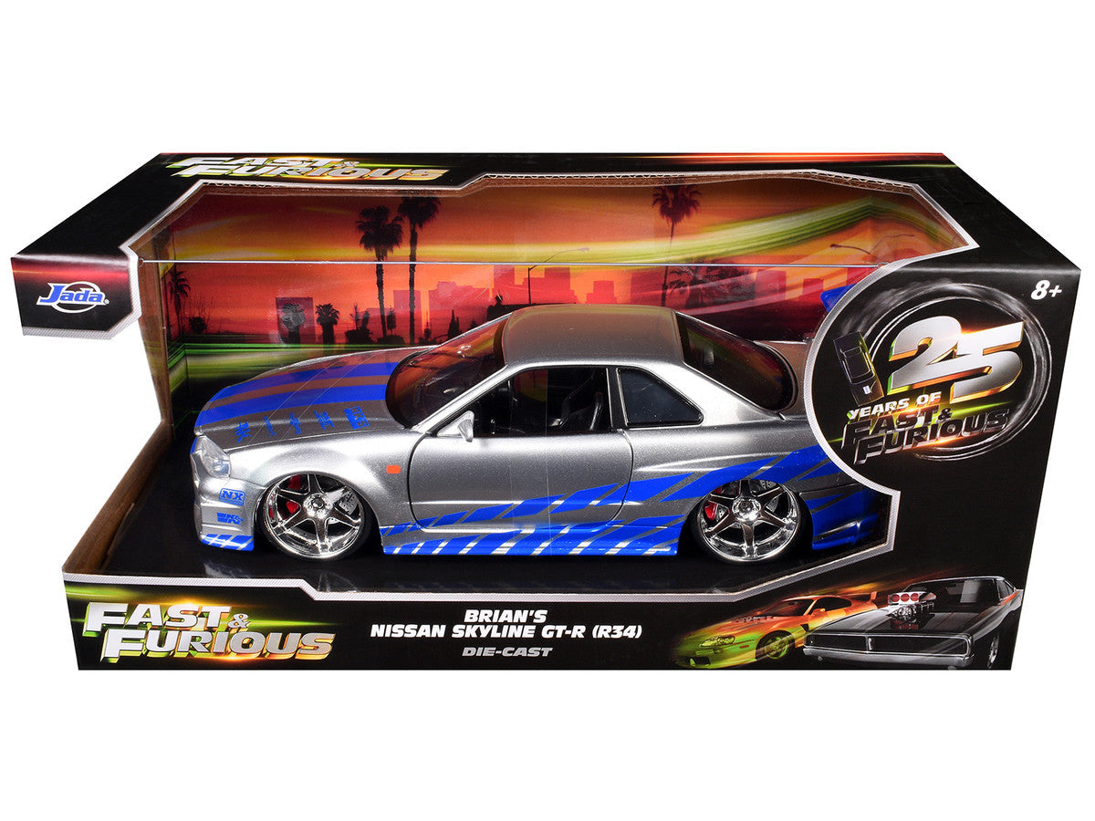 Brian's Nissan GTR Skyline R34 RHD (Right Hand Drive) Silver with Blue Stripes "Fast & Furious 25th Anniversary" 1/24 Diecast Model Car by Jada Jada