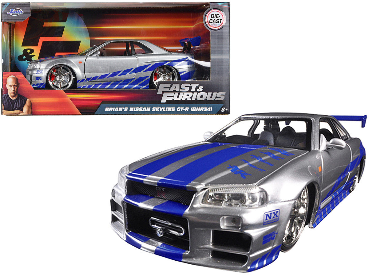 Brian's Nissan GTR Skyline R34 RHD (Right Hand Drive) Silver with Blue Stripes "Fast & Furious" Movie 1/24 Diecast Model Car by Jada-0