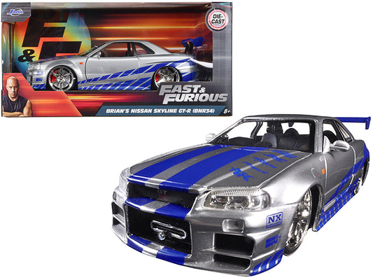 Brian's Nissan GTR Skyline R34 RHD (Right Hand Drive) Silver with Blue Stripes "Fast & Furious" Movie 1/24 Diecast Model Car by Jada-0