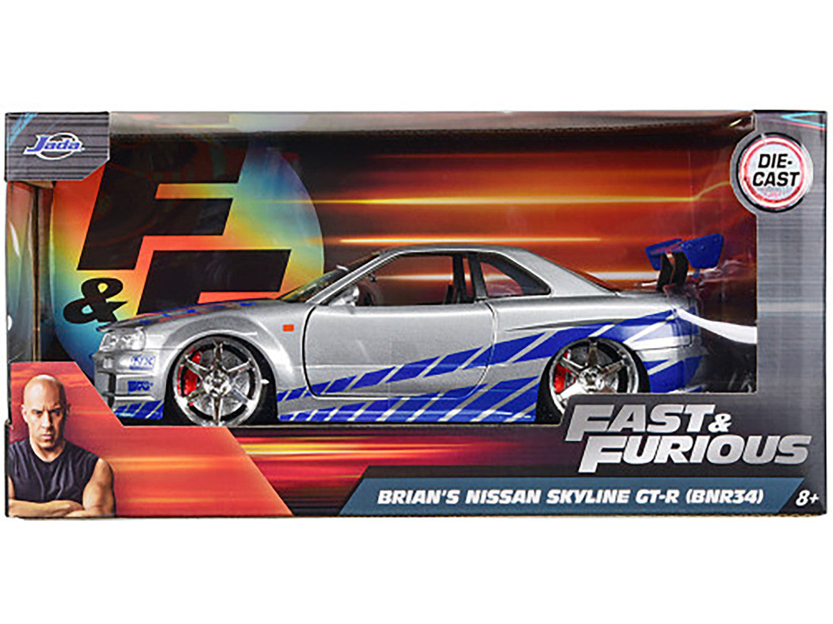 Brian's Nissan GTR Skyline R34 RHD (Right Hand Drive) Silver with Blue Stripes "Fast & Furious" Movie 1/24 Diecast Model Car by Jada-2