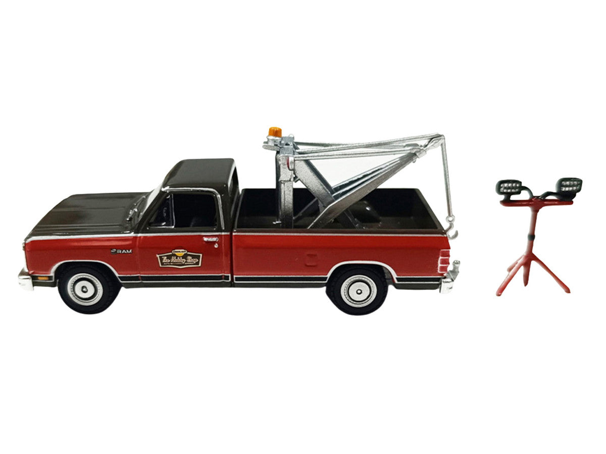 1983 Dodge Ram D-100 Royal SE Tow Truck with Drop-In Tow Hook "Hobby Shop Auto Mechanic" Brown and Red with Work Lights "The Hobby Shop" Series 17 1/64 Diecast Model Car by Greenlight Greenlight