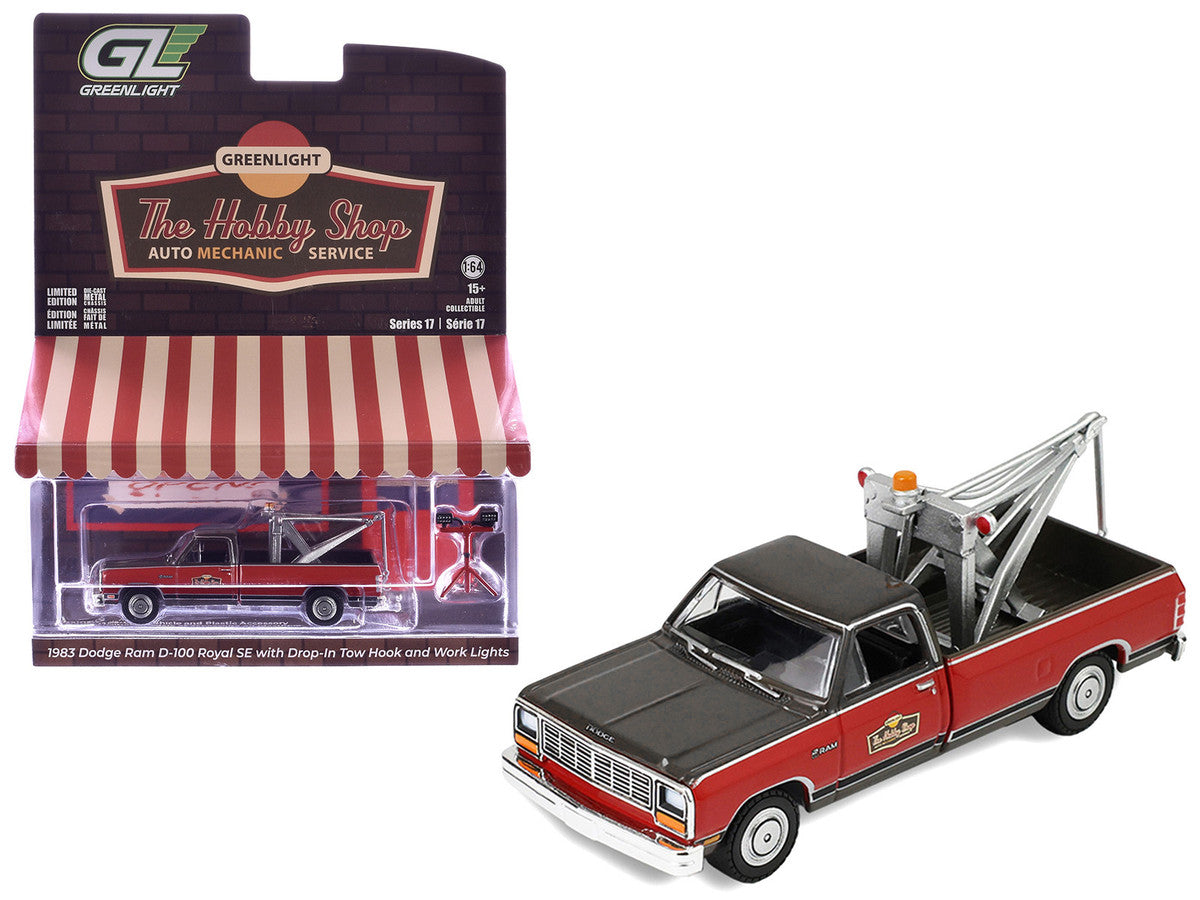 1983 Dodge Ram D-100 Royal SE Tow Truck with Drop-In Tow Hook "Hobby Shop Auto Mechanic" Brown and Red with Work Lights "The Hobby Shop" Series 17 1/64 Diecast Model Car by Greenlight Greenlight