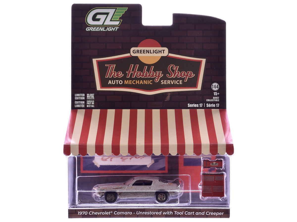 1970 Chevrolet Camaro Cortez Silver (Unrestored) with Tool Cart and Creeper "The Hobby Shop" Series 17 1/64 Diecast Model Car by Greenlight Greenlight