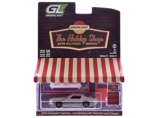 1970 Chevrolet Camaro Cortez Silver (Unrestored) with Tool Cart and Creeper "The Hobby Shop" Series 17 1/64 Diecast Model Car by Greenlight Greenlight