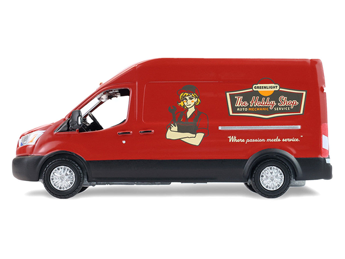 2019 Ford Transit LWB High Roof Van "Hobby Shop Auto Mechanic - Mobile Mechanic" Red with Car Jack and Battery "The Hobby Shop" Series 17 1/64 Diecast Model Car by Greenlight Greenlight