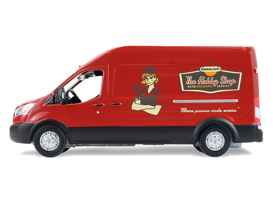 2019 Ford Transit LWB High Roof Van "Hobby Shop Auto Mechanic - Mobile Mechanic" Red with Car Jack and Battery "The Hobby Shop" Series 17 1/64 Diecast Model Car by Greenlight Greenlight