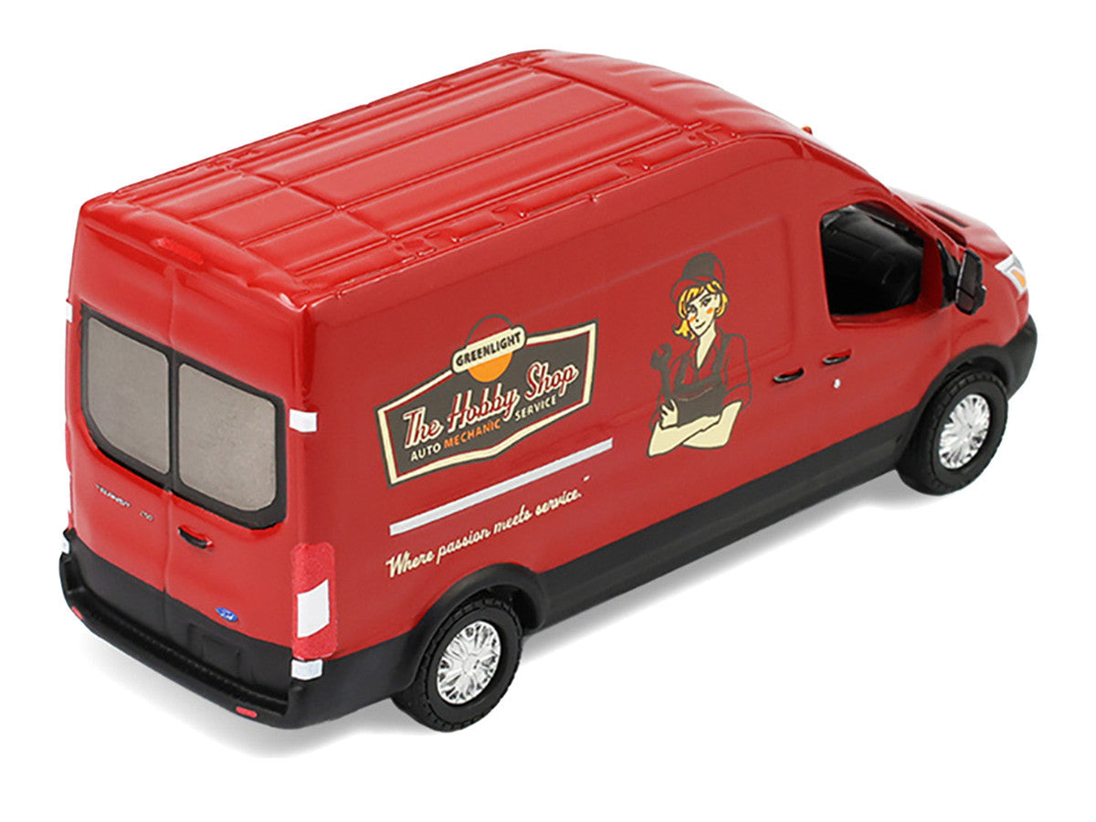 2019 Ford Transit LWB High Roof Van "Hobby Shop Auto Mechanic - Mobile Mechanic" Red with Car Jack and Battery "The Hobby Shop" Series 17 1/64 Diecast Model Car by Greenlight Greenlight