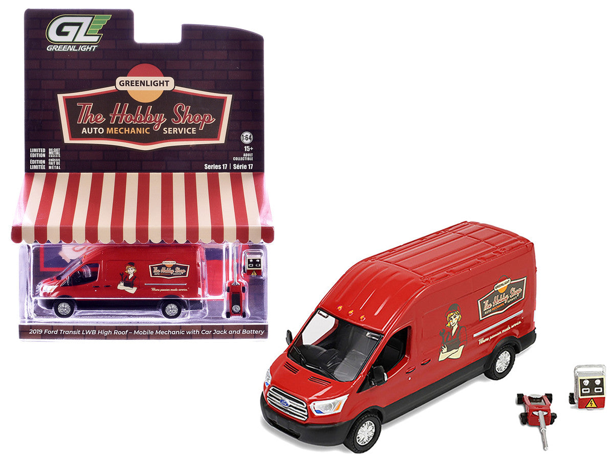 2019 Ford Transit LWB High Roof Van "Hobby Shop Auto Mechanic - Mobile Mechanic" Red with Car Jack and Battery "The Hobby Shop" Series 17 1/64 Diecast Model Car by Greenlight Greenlight