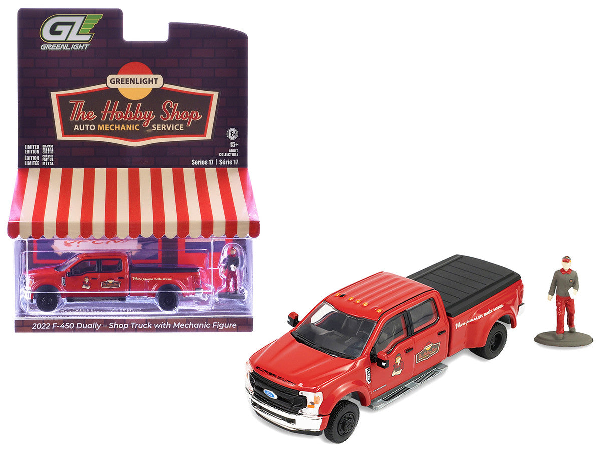 2022 Ford F-450 Dually Pickup Truck "Hobby Shop Auto Mechanic" Red with Mechanic Figure "The Hobby Shop" Series 17 1/64 Diecast Model Car by Greenlight Greenlight
