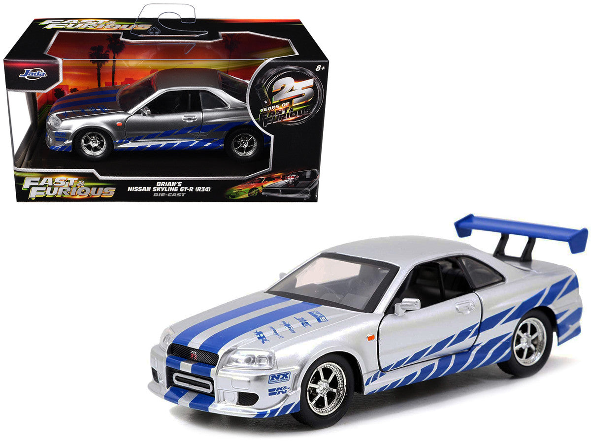 Brian's Nissan Skyline GT-R (R34) RHD (Right Hand Drive) Silver Metallic with Blue Stripes "2 Fast 2 Furious" (2003) Movie "Fast & Furious 25th Anniversary" Series 1/32 Diecast Car Model by Jada Jada