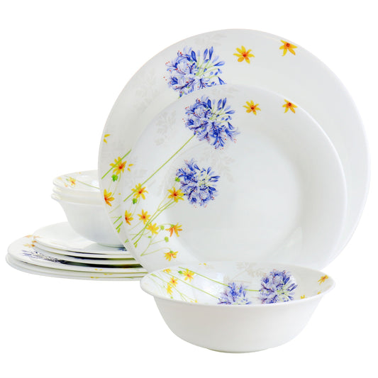 Gibson Ultra Violet Floral 12 Piece Tempered Opal Glass Dinnerware Set W2B
