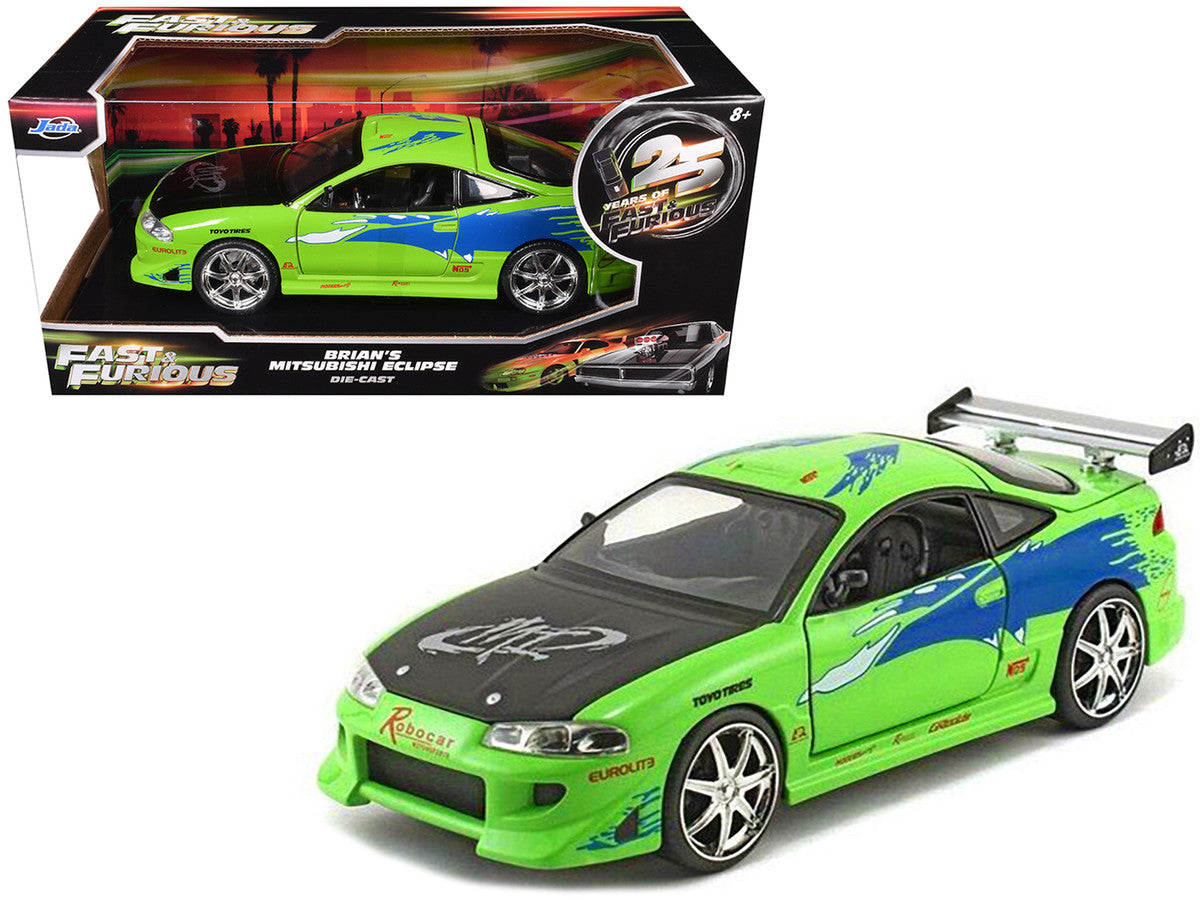Brian's Mitsubishi Eclipse Green with Black Hood and Graphics "The Fast and The Furious" (2001) Movie "25 Years of Fast & Furious" Series 1/24 Diecast Model by Jada-0