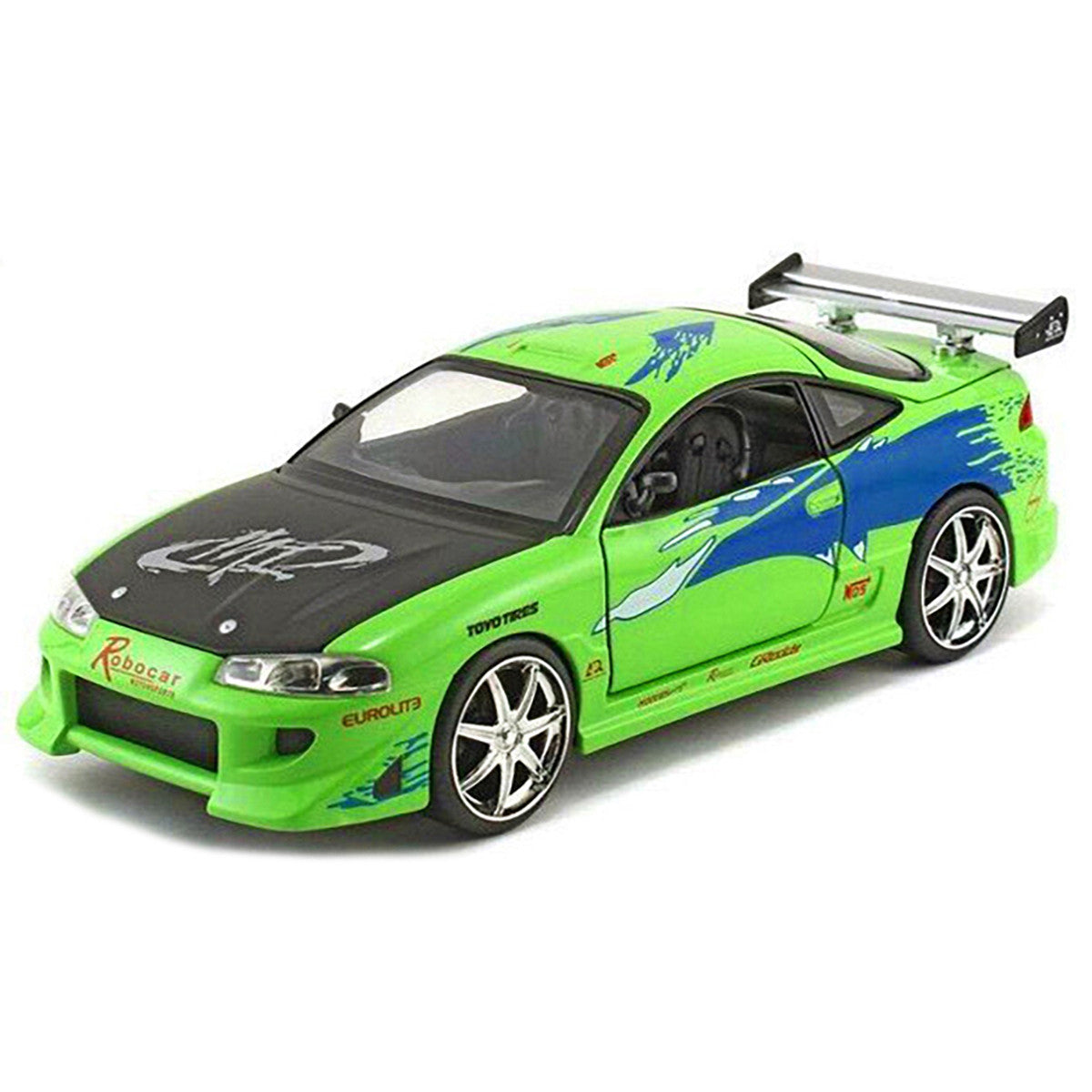 Brian's Mitsubishi Eclipse Green with Black Hood and Graphics "The Fast and The Furious" (2001) Movie "25 Years of Fast & Furious" Series 1/24 Diecast Model by Jada-1