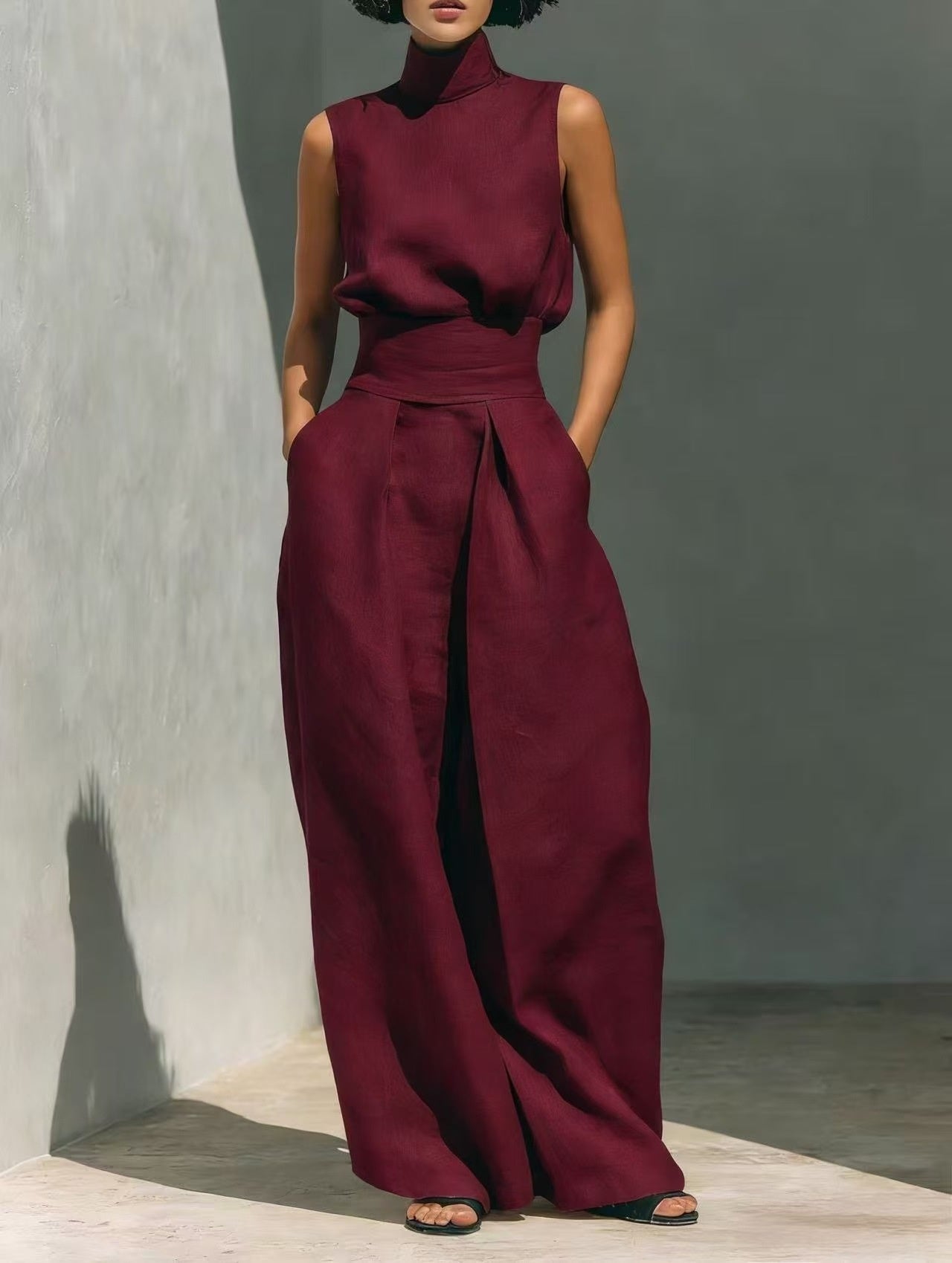 Casual Sleeveless Suit Summer Stand-up Collar Pullover Top And Loose Straight-leg Trousers Women's Clothing LadyShow.Store