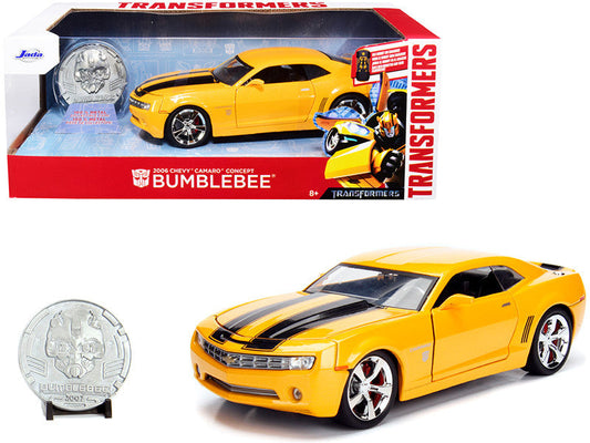 2006 Chevrolet Camaro Concept Yellow Bumblebee with Robot on Chassis and Collectible Metal Coin "Transformers" Movie 1/24 Diecast Model Car by Jada Jada