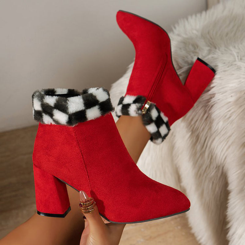 New Plaid Print Plush Ankle Boots Winter Fashoin Square Heel Suede Boots Women Casual Versatile Shoes Autumn And Winter Best YouTube Store