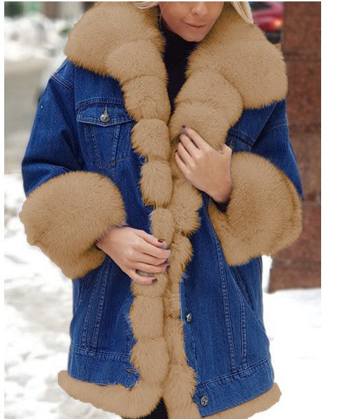 Ladies Fur One Denim Long Long Sleeve Coat Accent Plus