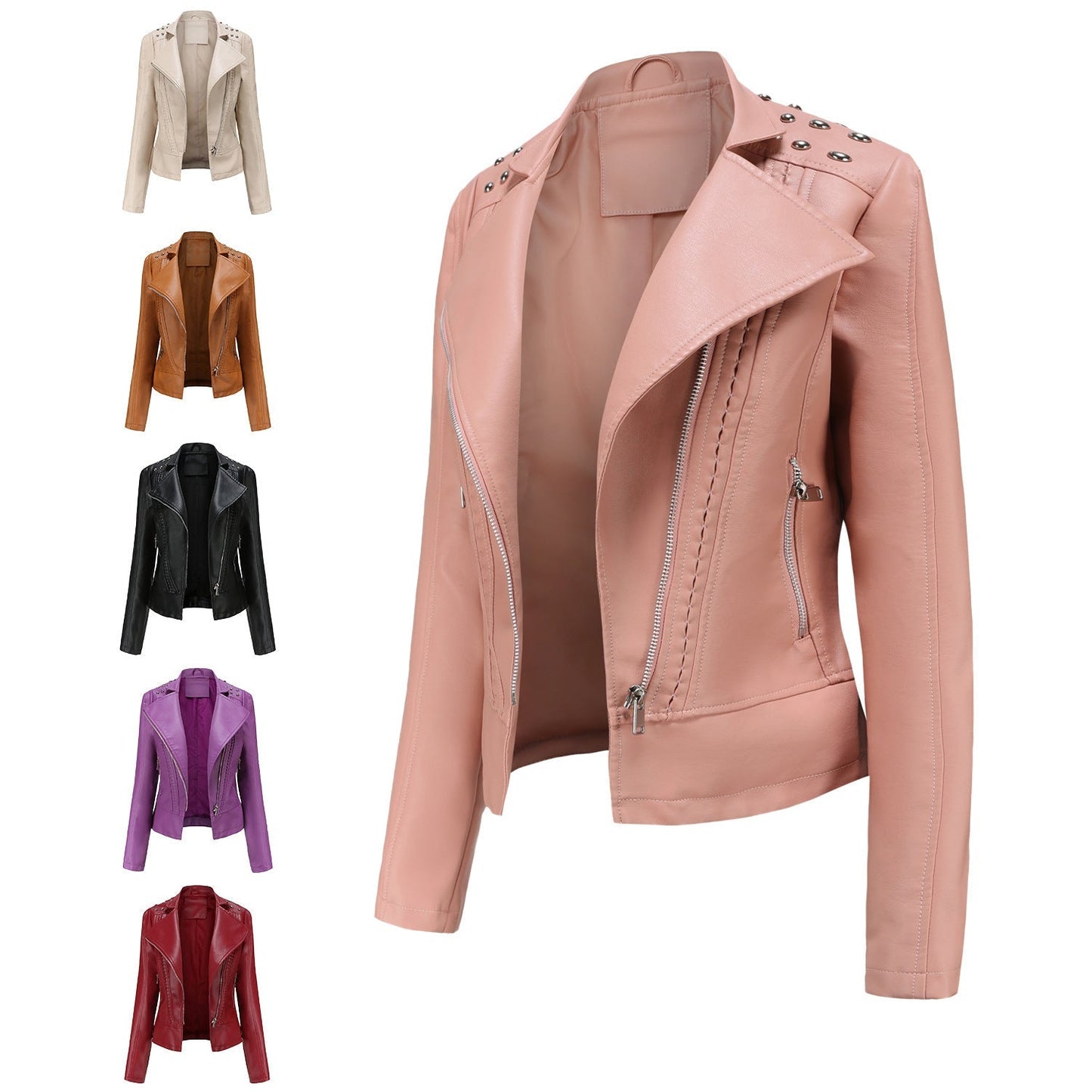 Women's Beaded Faux Leather Jacket - Long Sleeve Street Fashion Motorcycle Coat (Black/Red/Purple/Pink/Camel/Beige, XS-XXL) LadyShow.Store