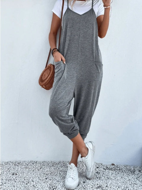 Women's Solid Color Zipper Patch Pocket Sling Jumpsuit For Women LadyShow.Store