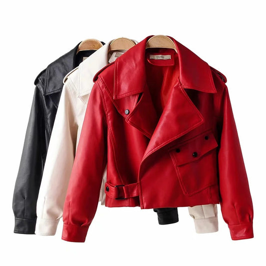 Women's PU Leather Motorcycle Jacket - Lapel Collar Street Style Biker Jacket (50-65cm Length) LadyShow.Store