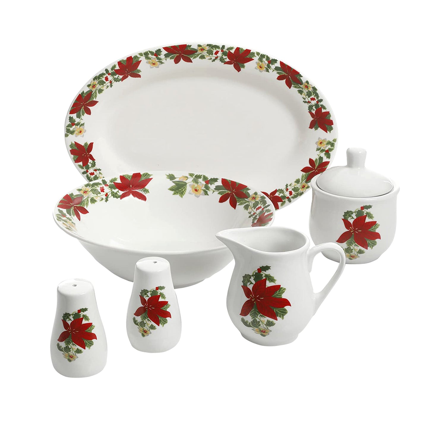 Perfect for Holidays Poinsettia 7 Piece Porcelain Serving Set in Red W2B