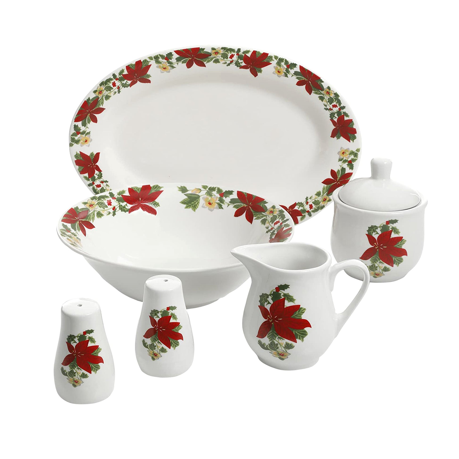 Perfect for Holidays Poinsettia 7 Piece Porcelain Serving Set in Red W2B
