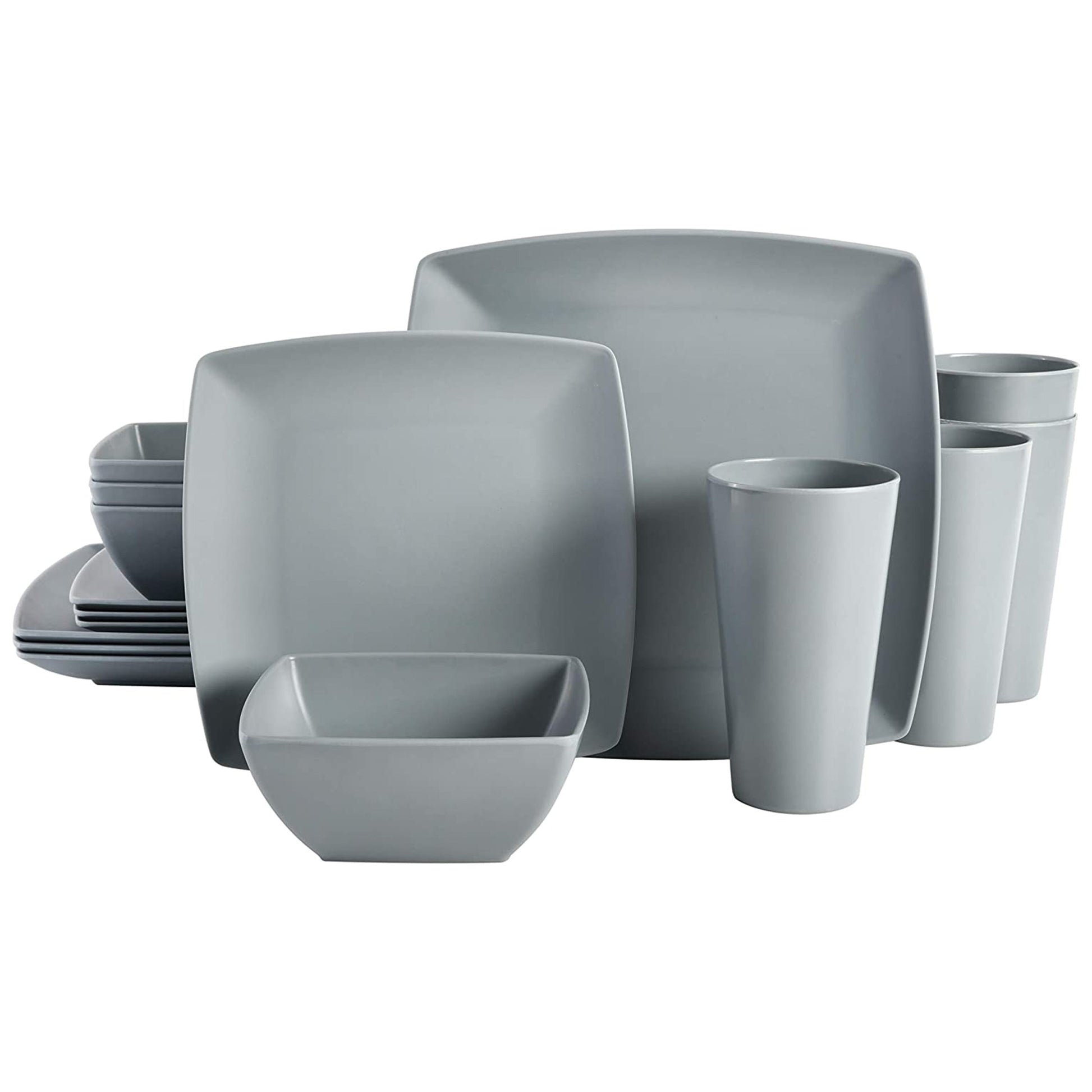 Gibson Home Grayson 16 Piece Square Melamine Dinnerware Set in Grey W2B