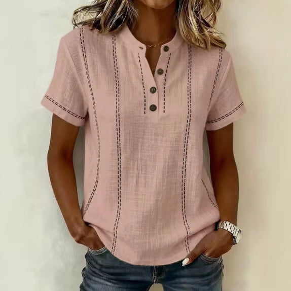 Summer Striped Short-Sleeve Shirts Casual Stand-Collar V-neck Button Blouse Womens Clothing LadyShow.Store