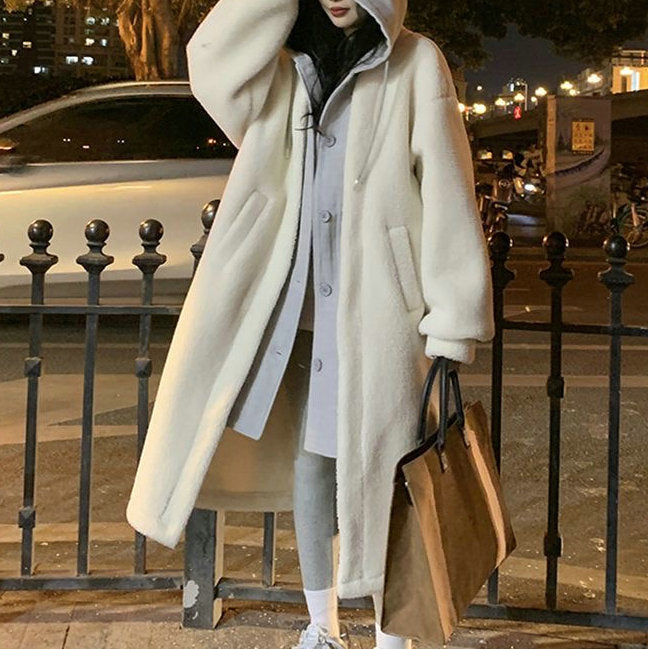 Long Hooded Dress Coat Lambswool All-match Loose Fashionable Jacket Accent Plus