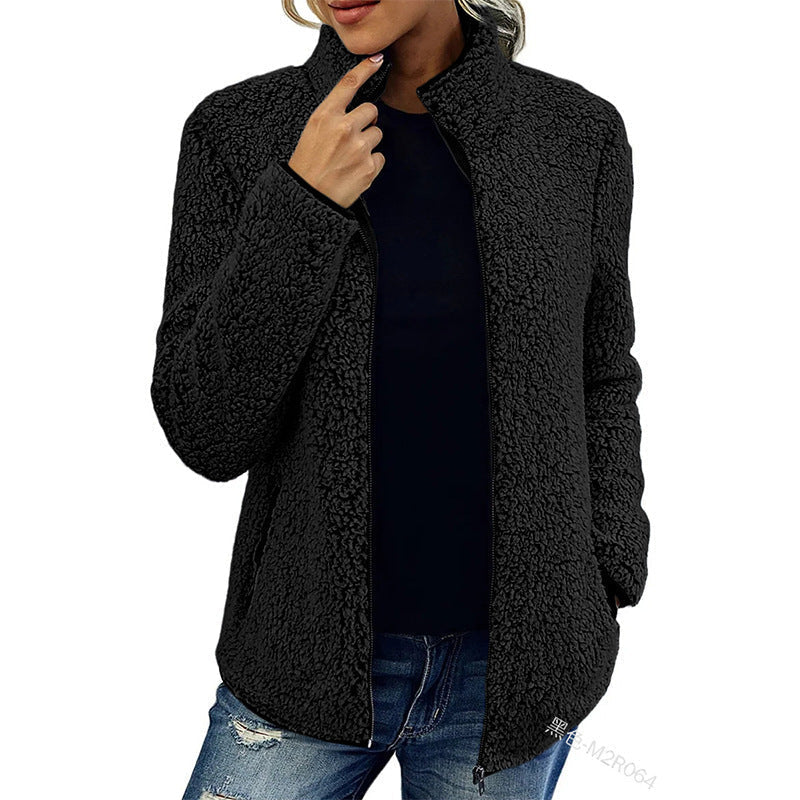 Fall Winter Warm Sweatshirt Stand Collar Solid Color Top Sweater Women's Casual Fashion Long Sleeve Zipper Bubble Velvet Coat Tops Best YouTube Store