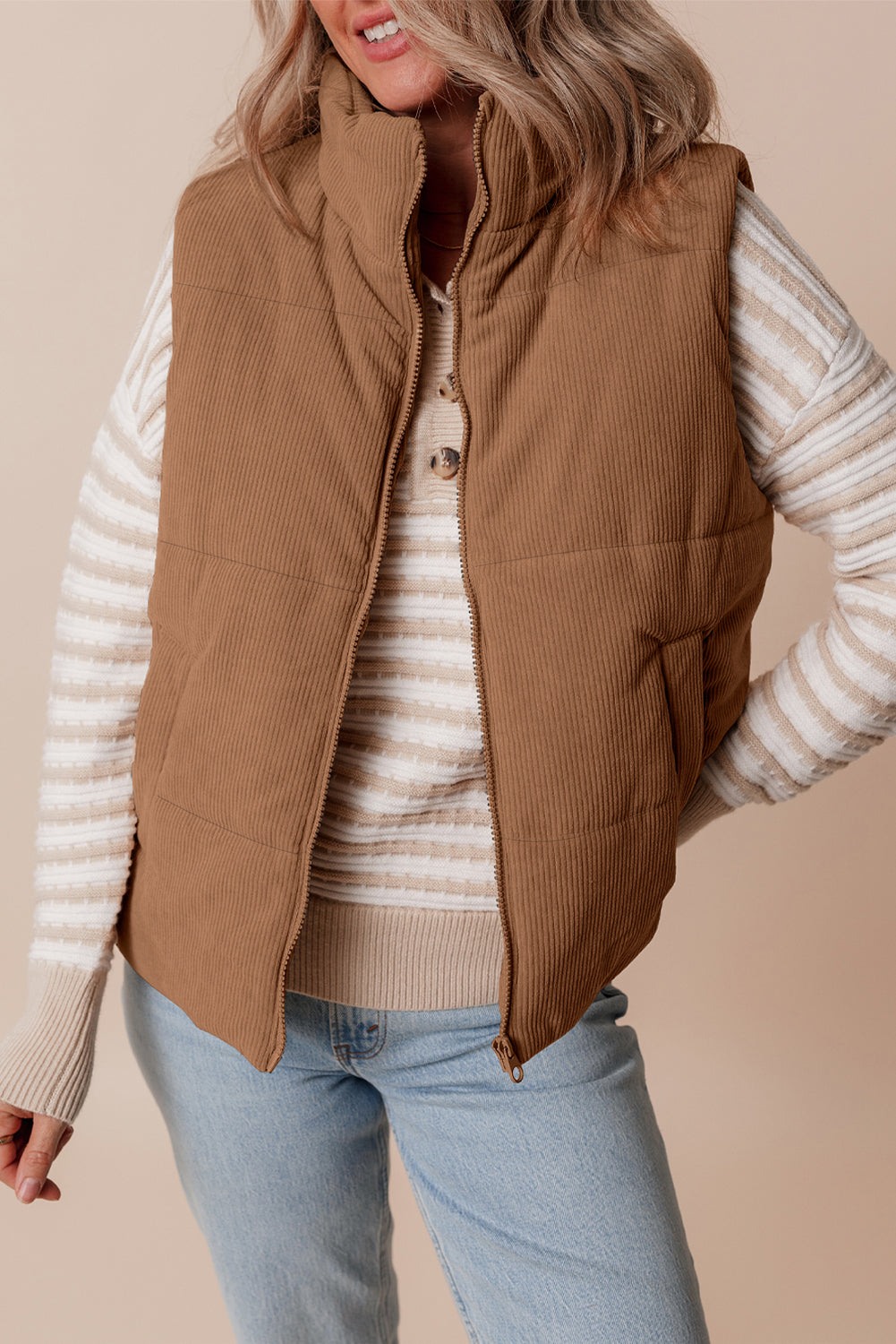 Natalia Corduroy Zipped Puffer Vest-0