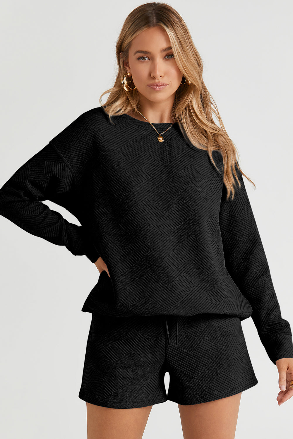 Adalyn Textured Long Sleeve Top and Drawstring Shorts Set-2