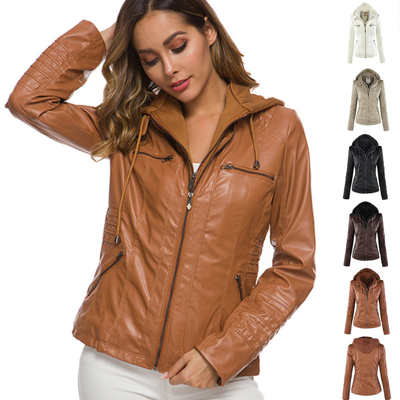Fashion Detachable Hooded Jacket With Pockets Casual Solid Color Zipper Long Sleeve Leather Coat Autumn Winter Women's Clothing LadyShow.Store