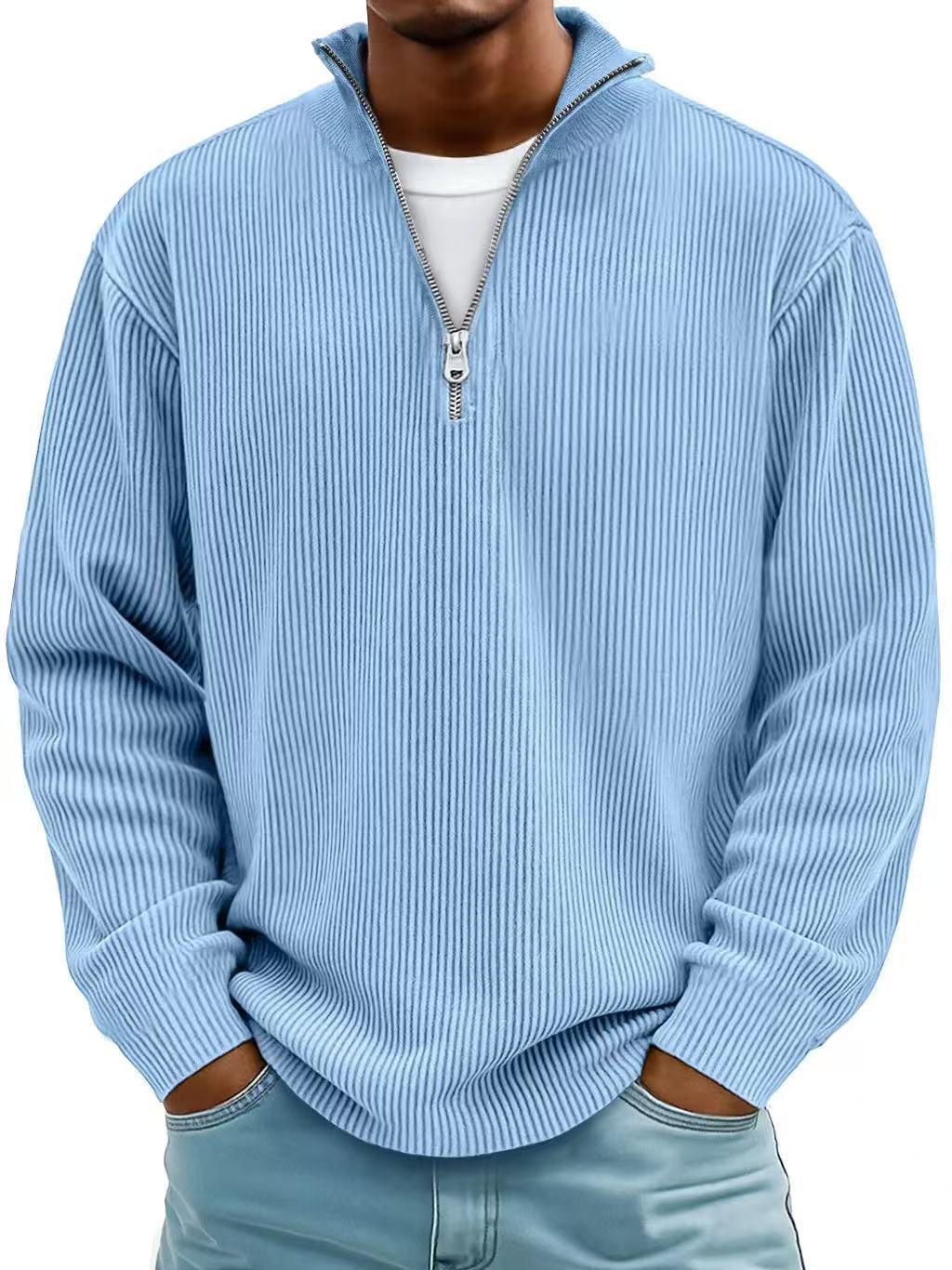 Corduroy Zipper Stand Collar Sweatshirt Fashion Warm Solid Color Long Sleeve Top Men's Casual Polo Shirt Clothing Best YouTube Store