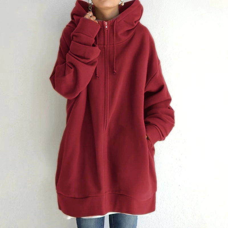 Zipper Hooded Long Plus Fleece Sweatshirt LadyShow.Store