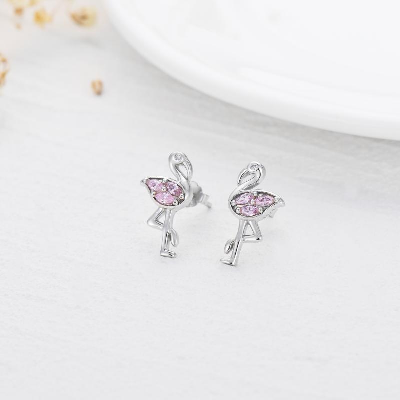 Pink Flamingo CZ Stud Earrings in White Gold Plated Sterling Silver CJD
