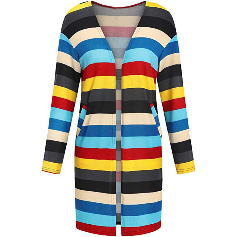 European And American Women's Jackets Striped Print Women's Cardigan Top LadyShow.Store