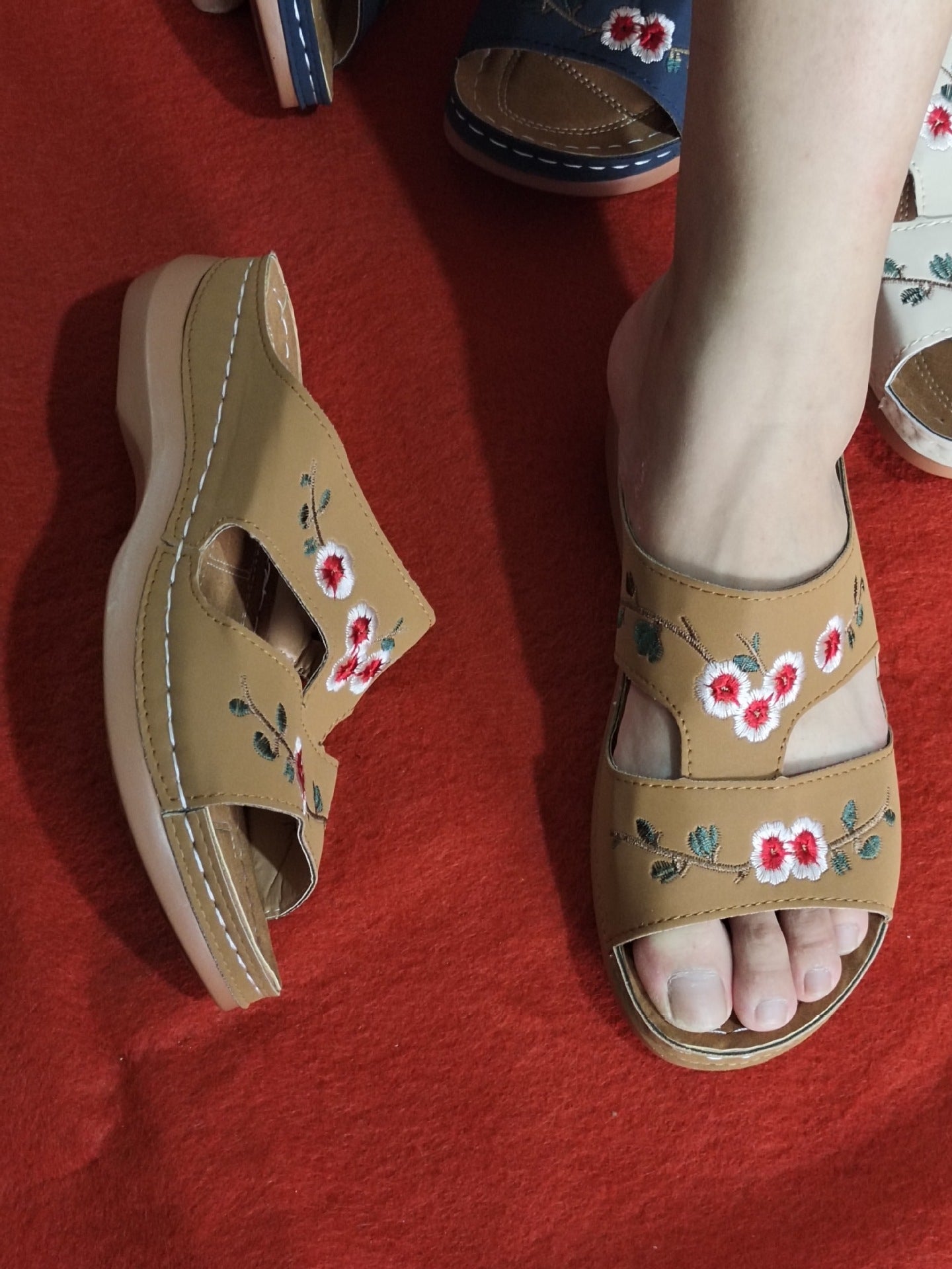 Wedge Heel Retro Stitched Embroidered Ethnic Style Women's Platform Slippers LadyShow.Store